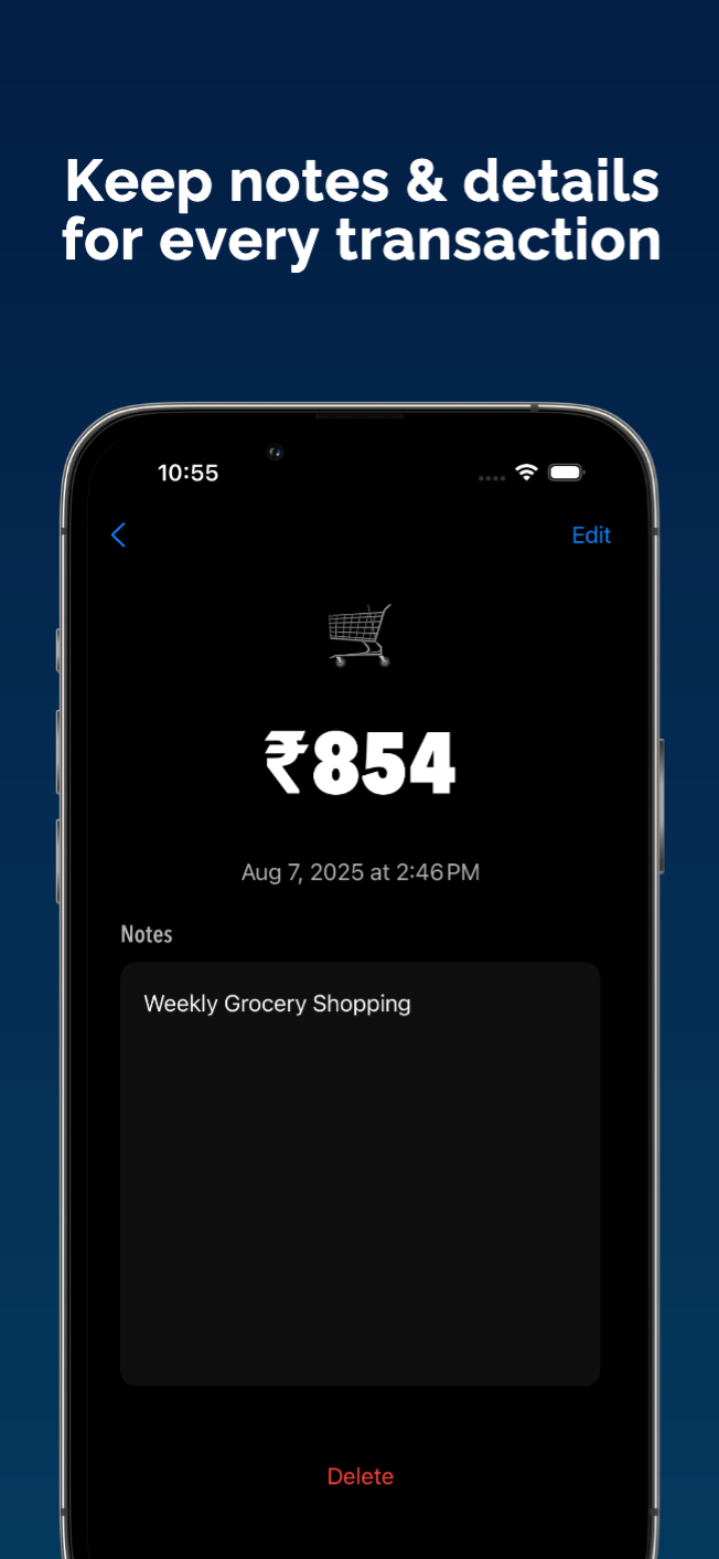 Transaction detail view with optional note and account